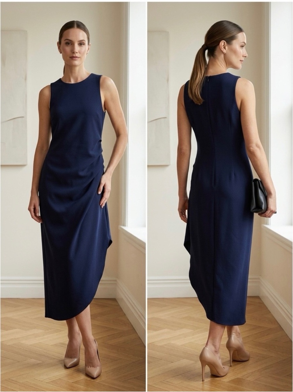 Venus Sleeveless Navy Midi Dress - Elegant Draped Silhouette